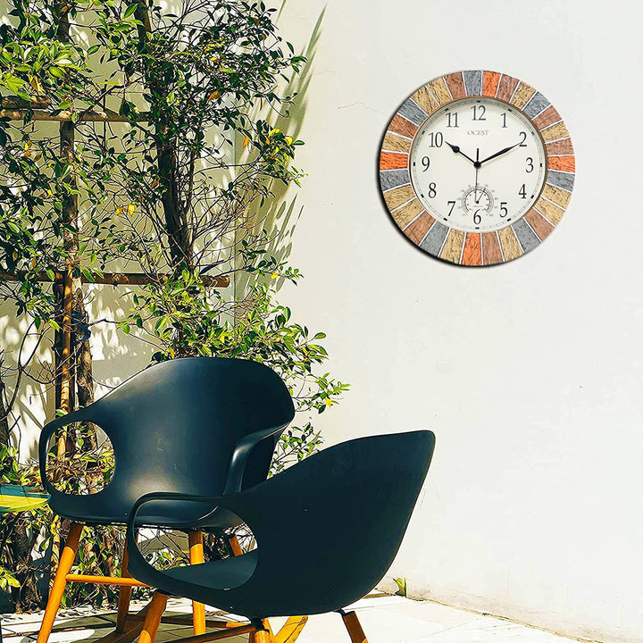13 Inch Large Outdoor Indoor Clock, Waterproof Wall Clock with Thermometer, Weather-Resistant Non-Ticking Battery Operated Decor Clock for Patio, Pool, Lanai, Fence, Porch, Garden (Yellow)