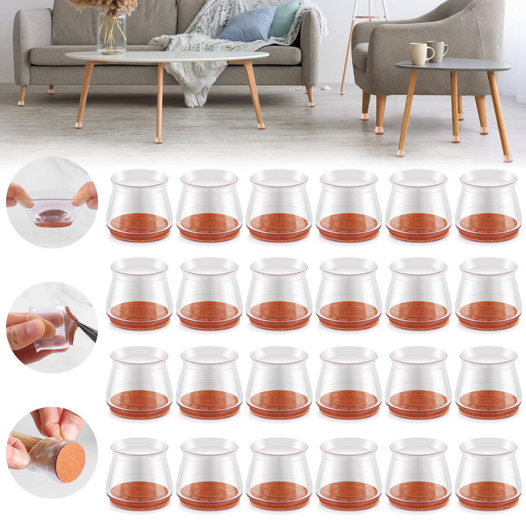 Upgraded Silicone Chair Leg Floor Protectors for Hardwood Floors, Furniture Sliders, Felt Bottom Furniture Pads, Round&Square Cap Covers to Scratch and Reduce Noise, Transparent, 24pcs