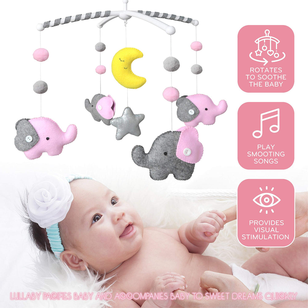 EVERLOVE | Elephant Musical Crib Mobile for Baby Girls | Digital Music Box with 15 lullabies (Pink Theme)