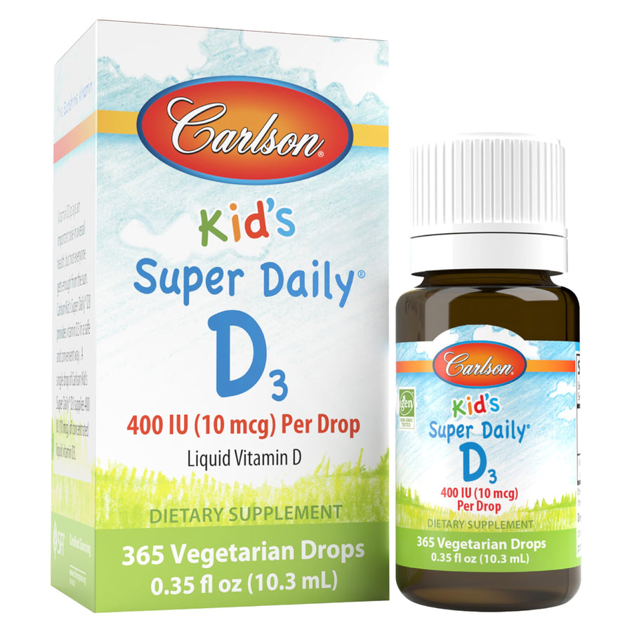 - Kid's Super Daily D3, Kids Vitamin D Drops, 400 IU (10 mcg) per Drop, Heart & Immune Health, Vegetarian, Liquid Vitamin D Drops, Unflavored, 365 Drops