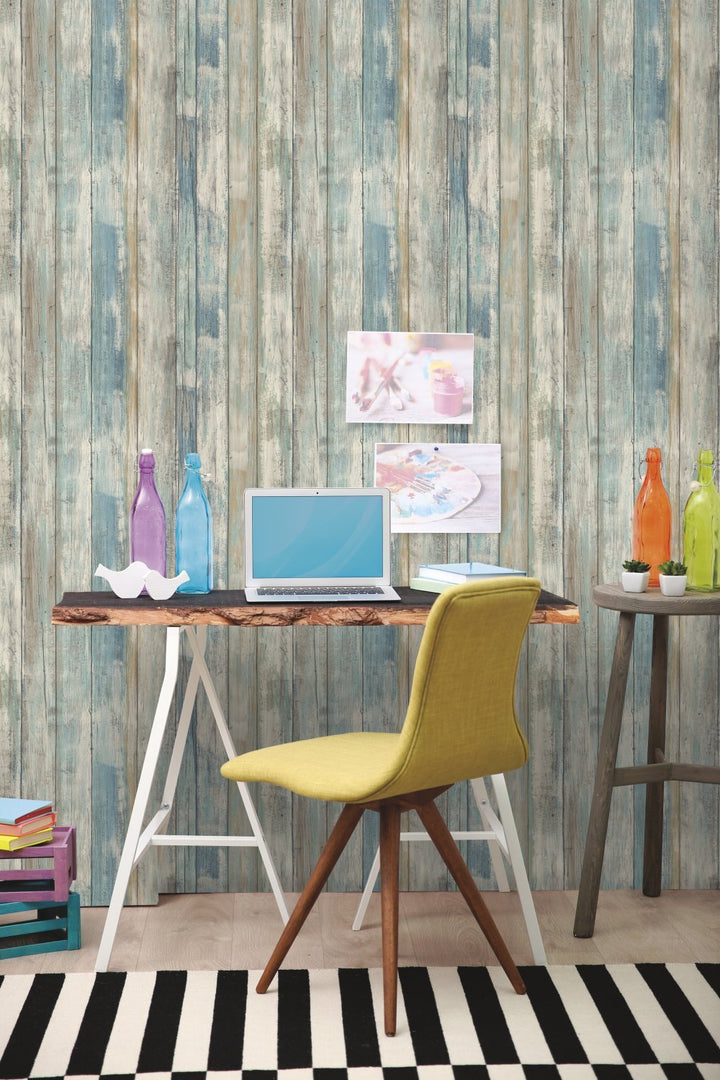 RMK9052WP Blue Distressed Wood Peel and Stick Wallpaper