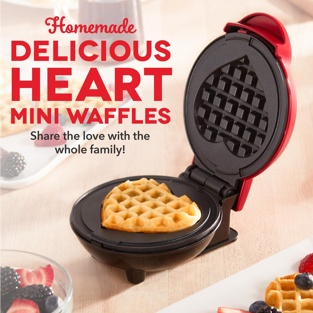 Mini Waffle Maker Machine for Individuals, Paninis, Hash Browns, & Other On the Go Breakfast, Lunch, or Snacks, with Easy to Clean, Non-Stick Sides, Red Heart 4 Inch