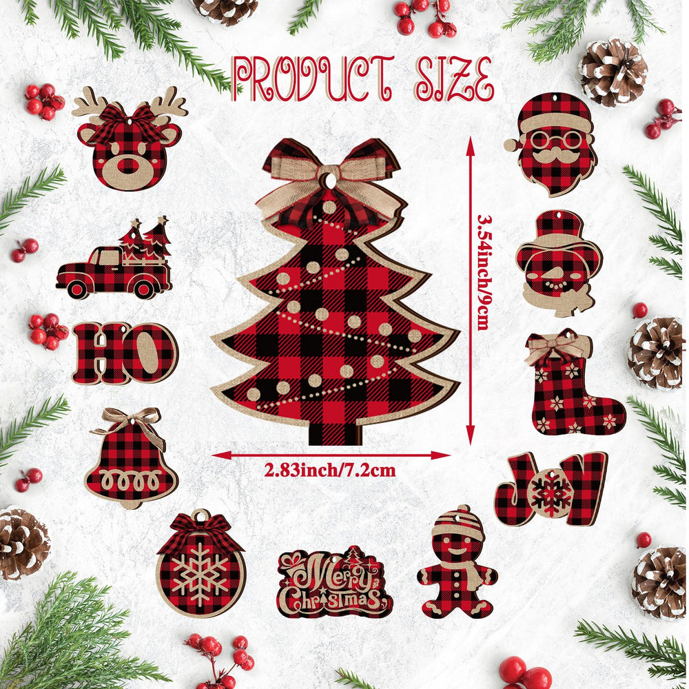 36 Pieces Christmas Buffalo Plaid Hanging Ornaments Christmas Tree Wooden Hanging Decor Wooden Christmas Ornaments Snowflake Reindeer Snowman Plaid Christmas Decor, 12 Styles(Black Red)