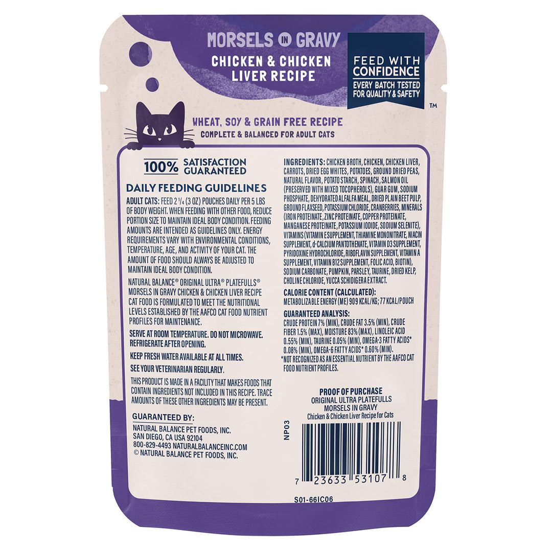Original Ultra Platefulls Indoor Adult Grain Free Wet Cat Food, Chicken & Chicken Liver Recipe, 3 Ounce Pouch (Pack of 24), Packaging May Vary