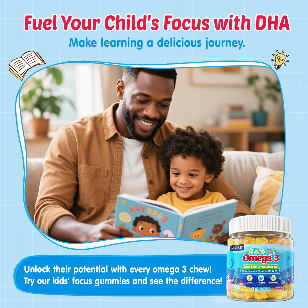 Kids Omega 3 Gummies with Calcium, Vitamin D3 & K2, C, Omega-3 DHA Gummies for Focus and Memory, Bone Health & Immune Support, Kids Omega3 Supplement - No Fish Taste, Non-GMO, Chewable, 2 Pack