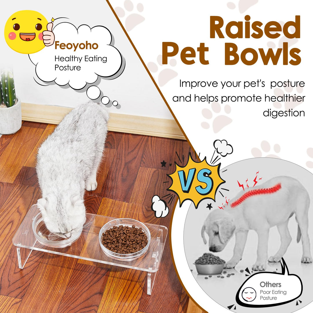 Dog and Cat Bowls Elevated Set - Acrylic Feeder Stand with 2 Set Removable Stainless Steel and Glass Bowls Food and Water Raised Dishes for Small Pet,3.75 inches
