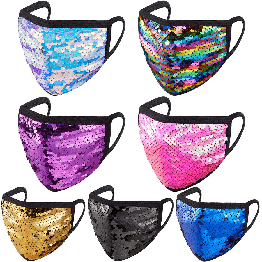 7 Pieces Kids Sequin Glitter Mask Children Crystal Sequin Face Covering Masquerade Face Covering Glitter Reusable Washable Face Covering for Kids
