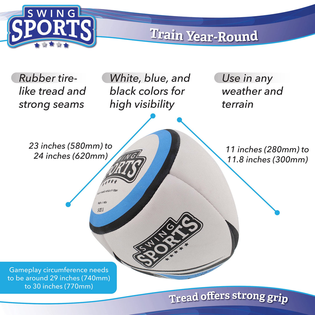 Rugby Ball - White, Black, and Blue Regulation Size 5 Match Rugby Training Ball for Practice or Gameplay
