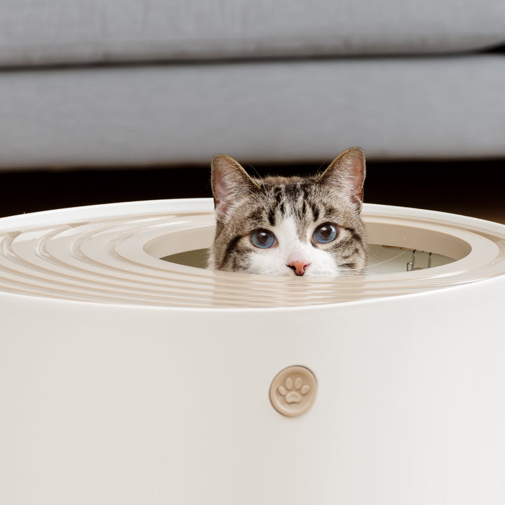 USA Cat Litter Box, Top Entry Litter Box with Scoop, Stylish Round Cat Litter Box Enclosure, Kitty Litter Box, White/Beige