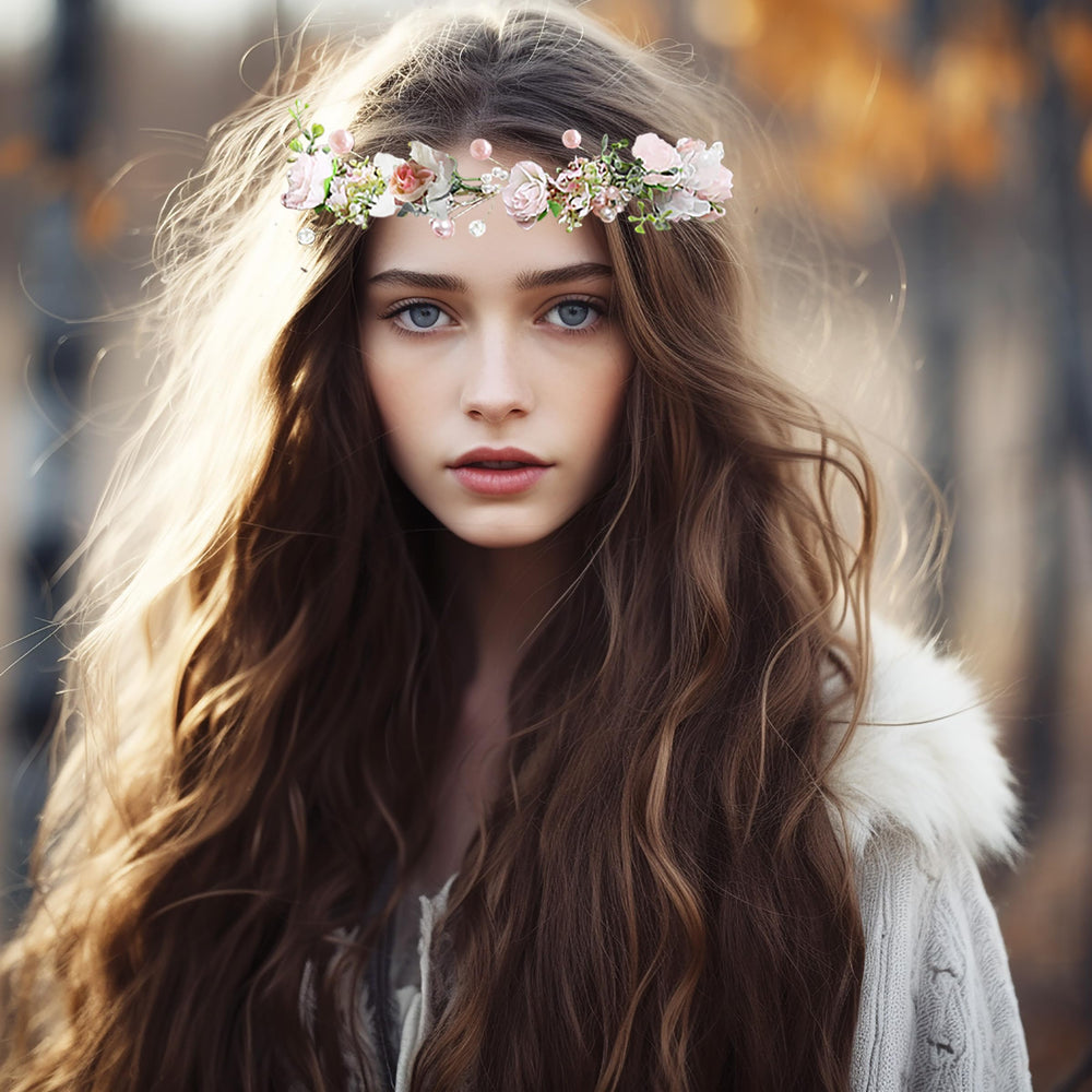 Boho Flower Headband Hair Wreath Floral Garland Crown Halo Headpiece with Ribbon Wedding Festival Party