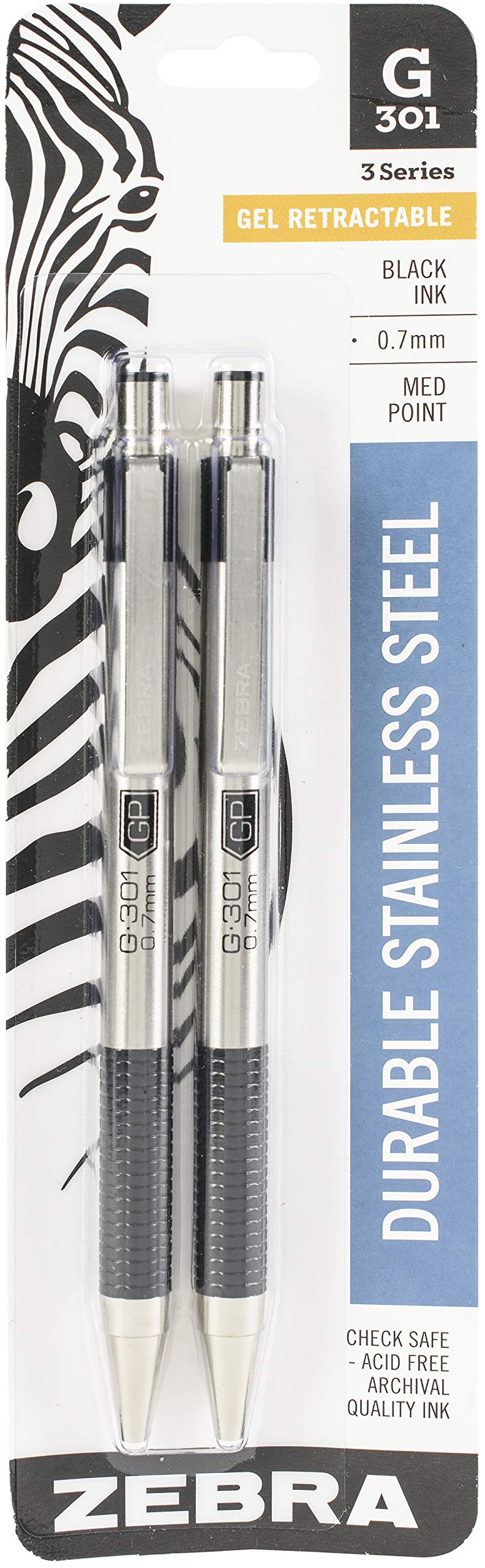 G-301 Retractable Gel Ink Pen, Stainless Steel Barrel, Medium Point, 0.7mm, Black Ink, 2-Pack