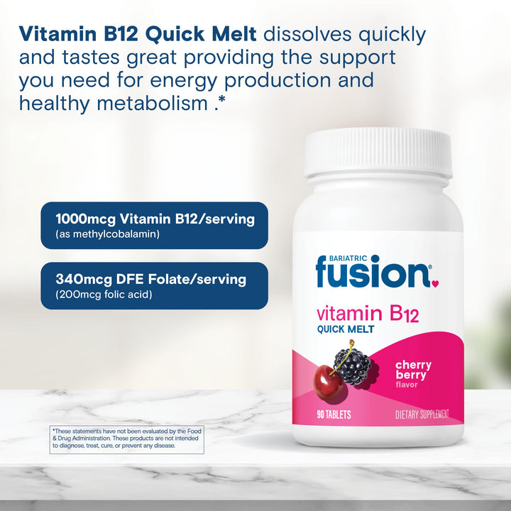 Vitamin B12 Sublingual 1000 mcg Melts | Cherry Berry Flavored | Vitamin B12 Dissolve Under Tongue Tablets with Folic Acid | Sugar Free | Methylcobalamin | 90 Count