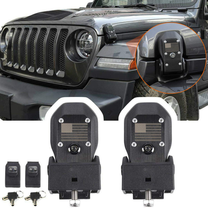 Hood Catch Latches For 2018-2023 Jeep Wrangler JL JLU 4XE Rubicon Sahara Sport Gladiator JT Hood Locking Catch Kit With Key Anti-theft (American Flag)