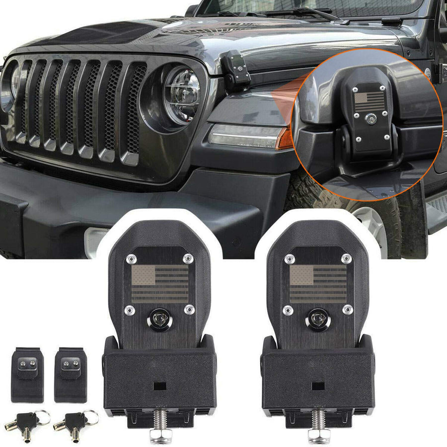 Hood Catch Latches For 2018-2023 Jeep Wrangler JL JLU 4XE Rubicon Sahara Sport Gladiator JT Hood Locking Catch Kit With Key Anti-theft (American Flag)