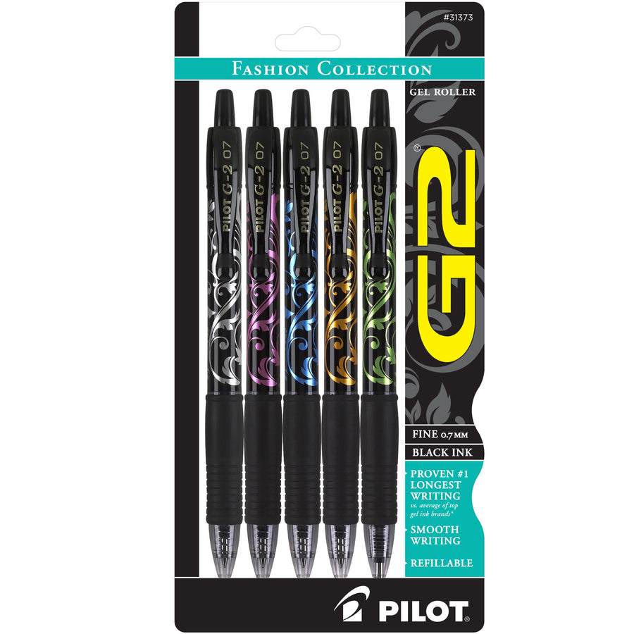 , G2 Premium Gel Roller Pens, Fine Point 0.7 mm, Fashion Collection, Black, Pack of 5