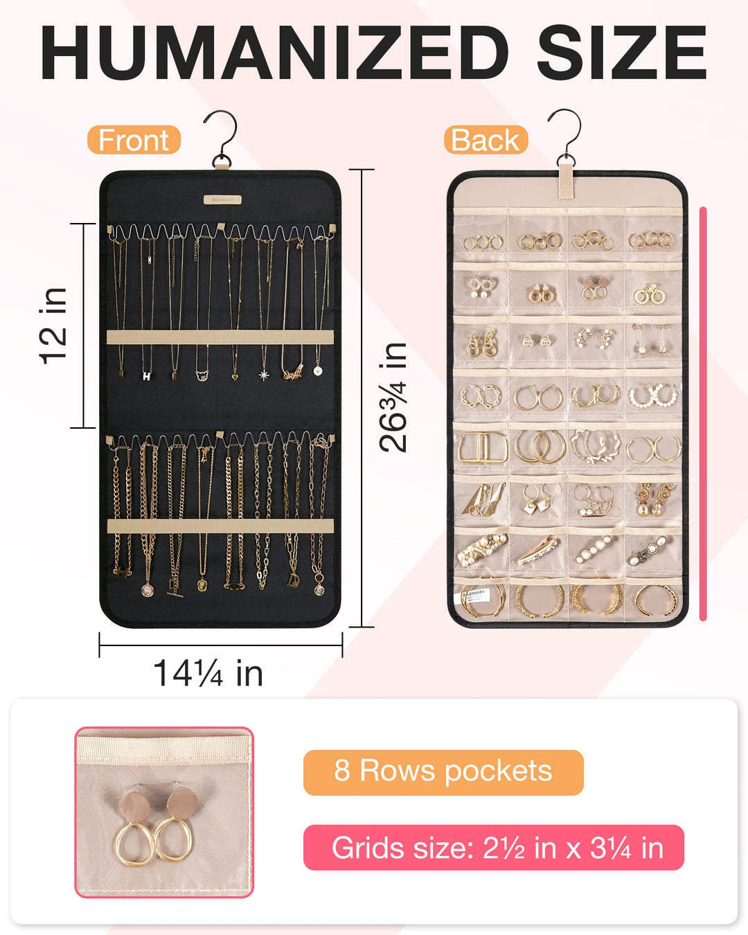 Hanging Jewelry Organizer Storage Roll with Hanger Metal Hooks Double-Sided Jewelry Holder for Earrings, Necklaces, Rings on Closet, Wall, Door, 1 piece, Medium, Black