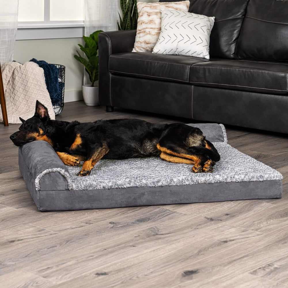 Orthopedic Dog Bed for Large Dogs w/ Removable Bolsters & Washable Cover, For Dogs Up to 95 lbs - Two-Tone Plush Faux Fur & Suede L Shaped Chaise - Stone Gray, Jumbo/XL