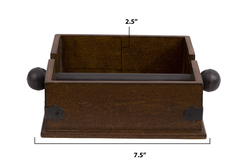 Square Wood Napkin Holder With Metal Bar, Large, brown