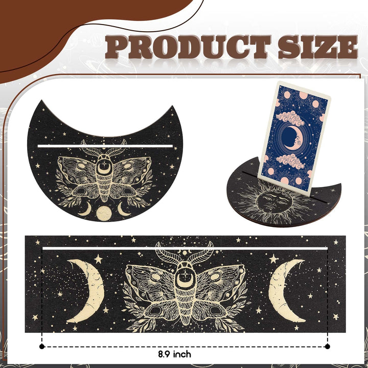 Wooden Tarot Card Stand Holder 4 Pieces Moon Phase Tarot Card Altar Stand Sun Moth Pattern Tarot Card Holder Stand Rectangle Moon Shape Display Wooden Card Stand Oracle Witch Divination Tools
