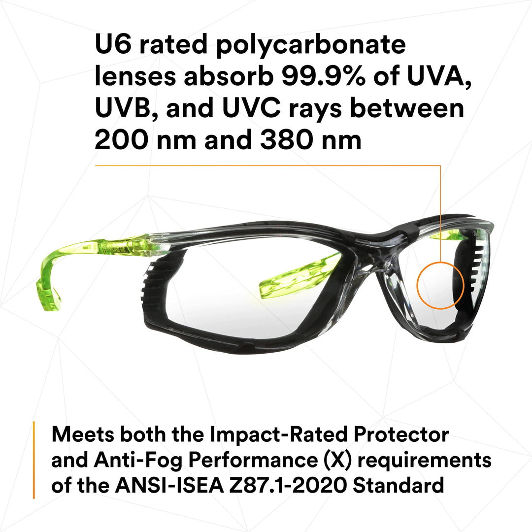 Safety Glasses, Solus CCS Series, Pack of 1, ANSI Z87, Scotchgard Anti-Fog Coating, Clear Lens, Corded Ear Plug Control System, Removable Foam Gasket, SCCS01SGAF-GRN-F