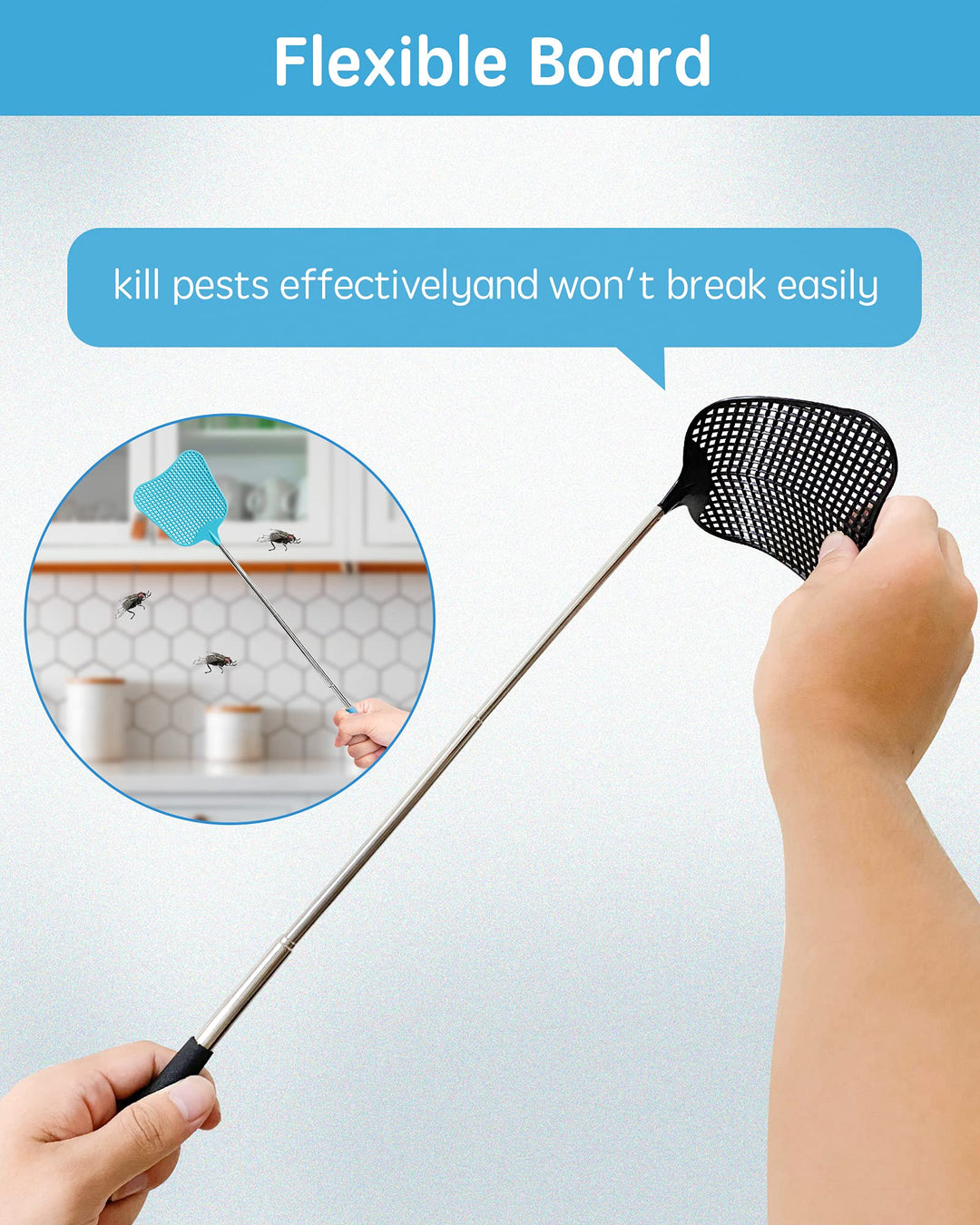Fly Swatter Heavy Duty Set, with Durable Telescopic Stainless Steel Extendable Handles, for Home, Classroom and Office, 2Pcs, 2 Colors
