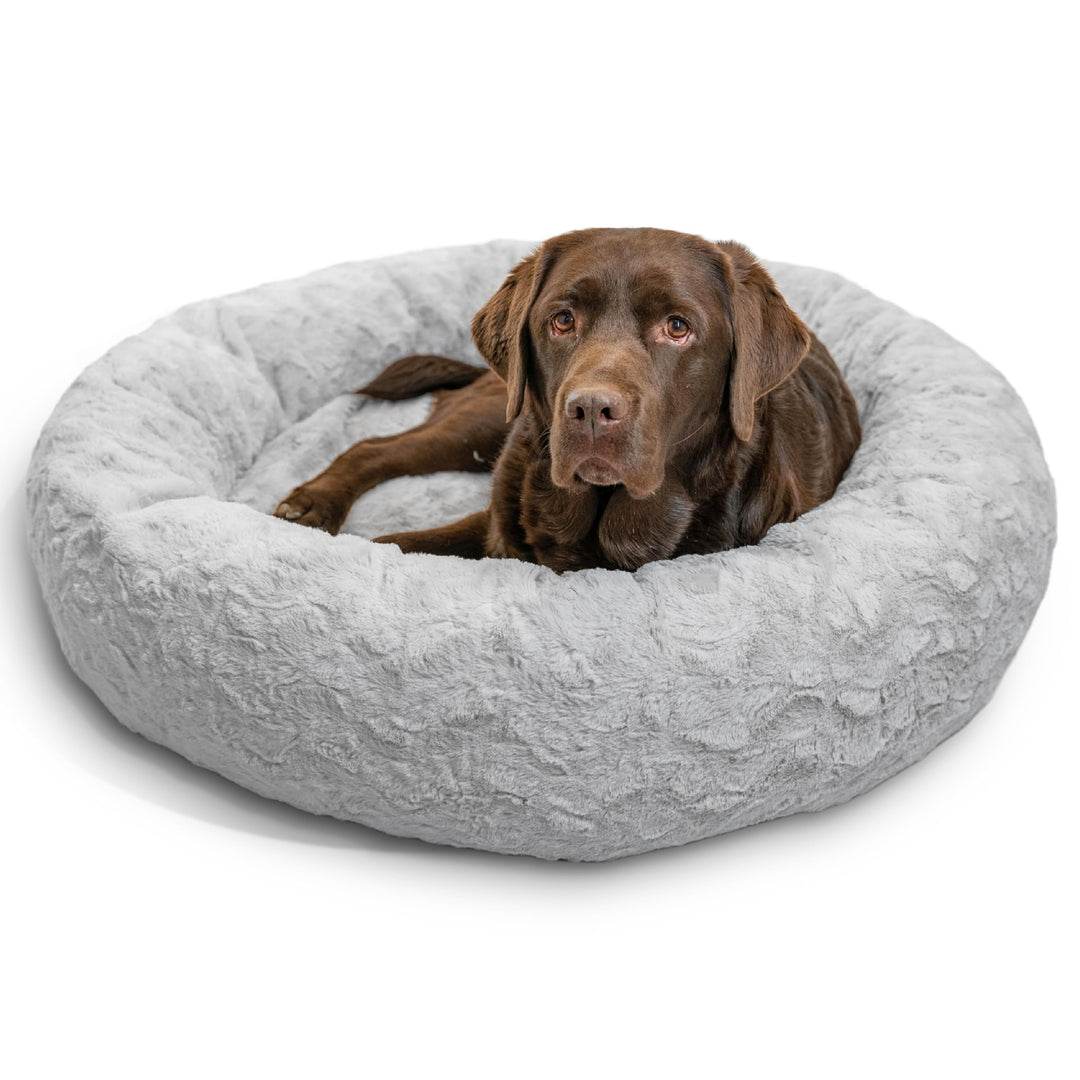 The Original Calming Donut Dog and Cat Bed in Lux Fur, Gray, Large, 36x36
