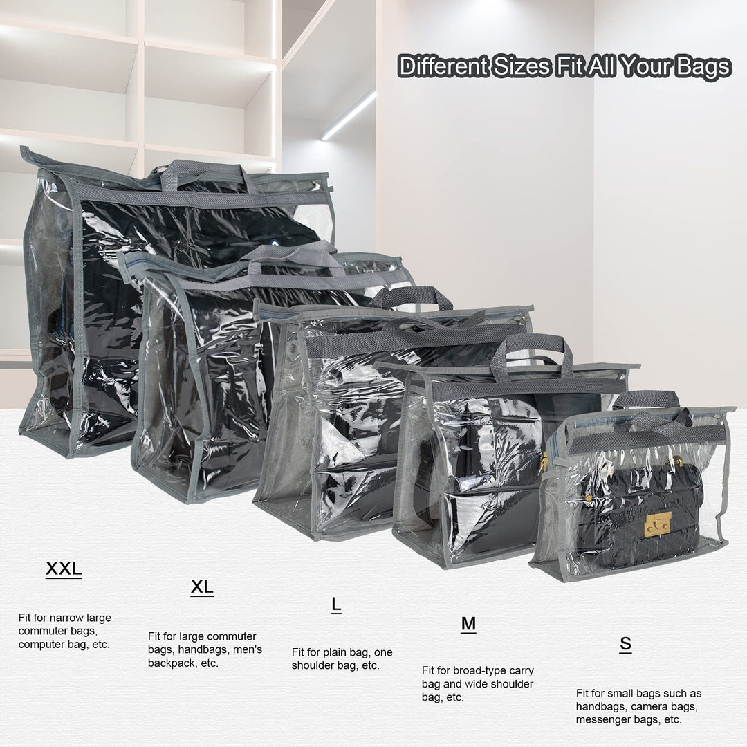 10Pcs Clear Handbag Storage Organizer Dust Cover Bags, 5 Sizes Transparent Purse Protector Storage Bag with Zipper and Handle for closet shelf - Dustproof & Moistureproof (Grey)
