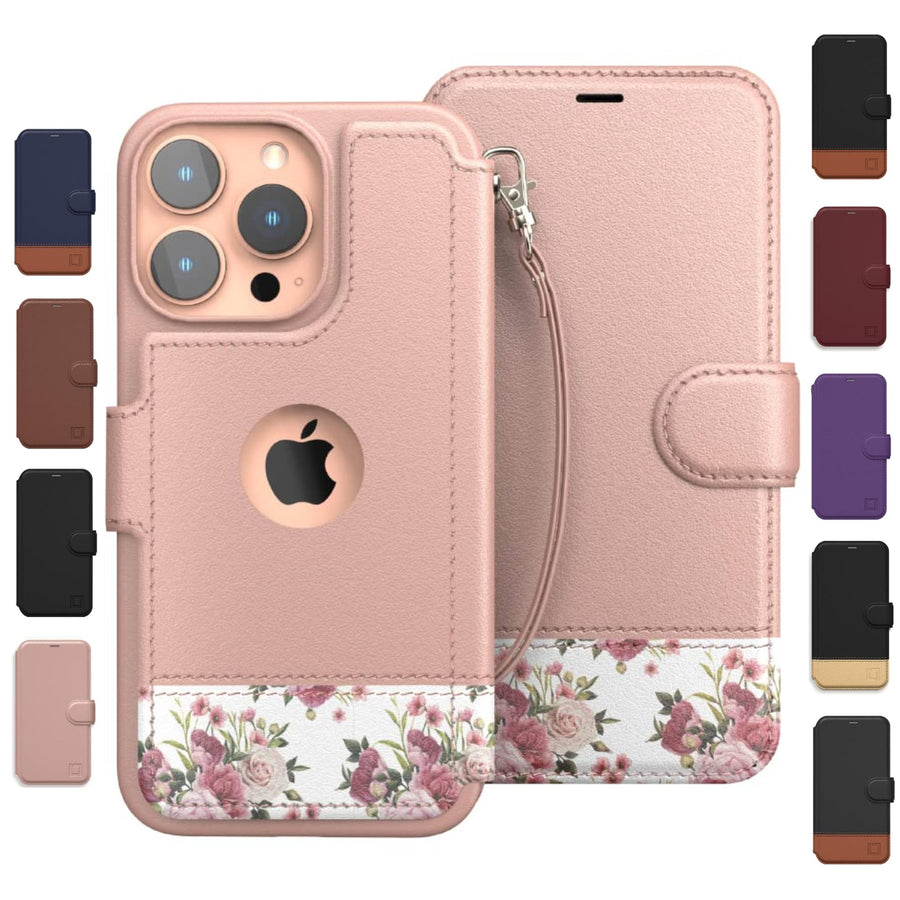 iPhone 13 Pro Max Wallet Case - Slim, Durable Floral Charm Flip Cover with Card Holder & Wristlet