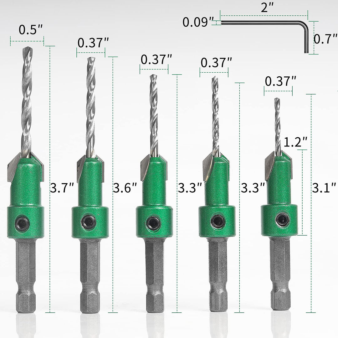 Pro Countersink Drill Bit Set #4, 6, 8, 10, 12, 5-Piece for Wood,High Speed Steel Woodworking Carpentry Reamer with 1 Free Hex Key Wrench