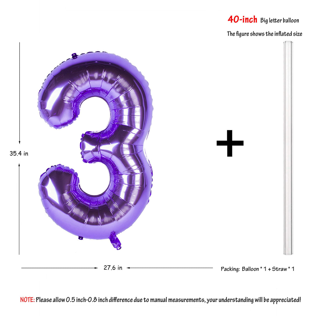 New 40 Inch Purple Digit Helium Foil Birthday Party Balloons Number 3, 1 Piece