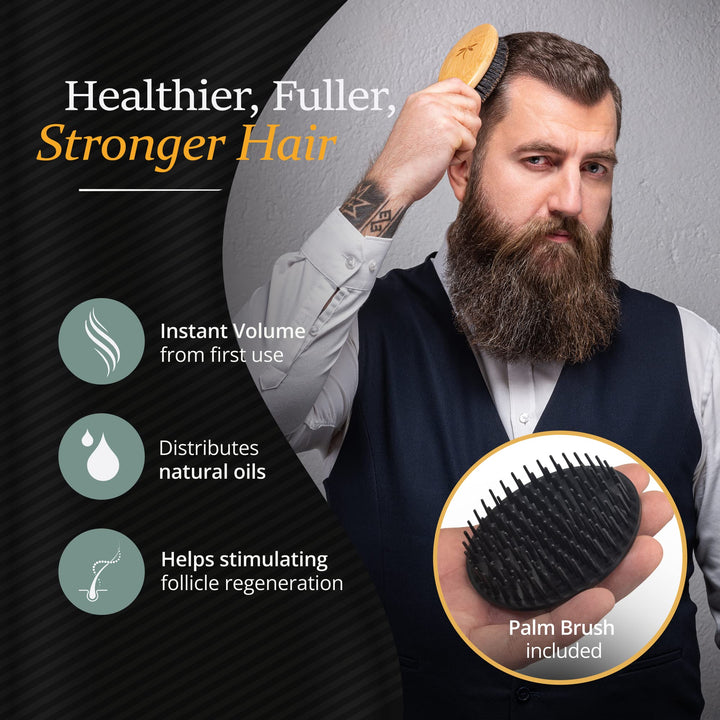 Soft Bristle Brush Set for Men - Hairbrush for Thin, Normal and Short Hair, Wooden Comb, 2 Palm Brushes & Travel Bag Included
