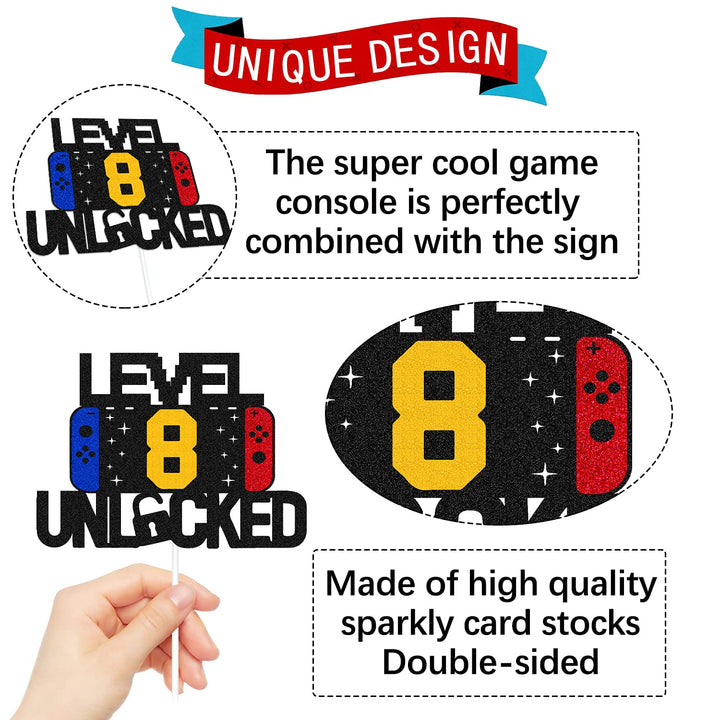 Level 8th Unlocked Sign Cake Topper Happy 8th Birthday Level Up Tenth Cake Decorations for Video Game Controller Themed Boy Girl Bday Party Supplies Double Sided
