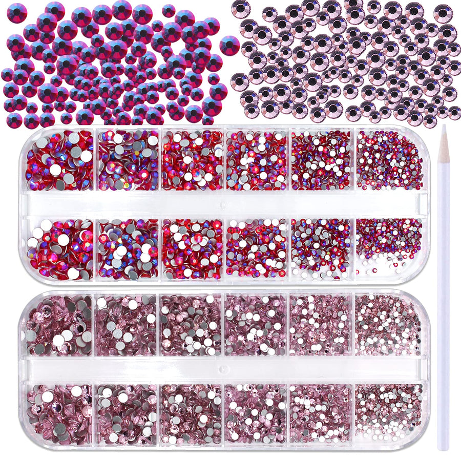 2880 Pcs Pink Nail Rhinestones For Nails Mix Sized Red AB And Pink Rhinestones Gems For Nails Nail Diamonds Rhinestones Red Nail Crystals Nail Diamonds For Acrylic Nails Charms For Make Up