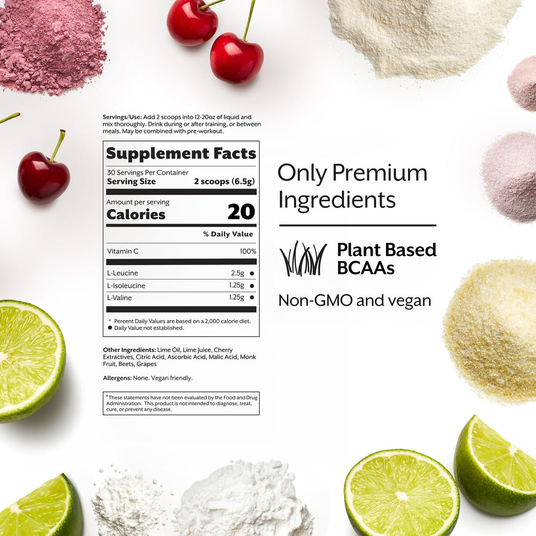 Promix BCAA Post-Workout Energy Powder, Cherry Lime - Plant-Based Branched Chain Amino Acids Supports Lean Muscle Growth, Recovery, Endurance & Reduces Soreness - Zero Fat, Sugar & Carbs - Gluten-Free