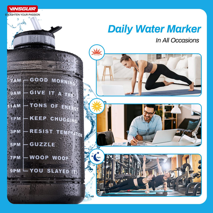 1 Gallon Water Bottle with Times to Drink - Motivational Large 128 oz Water Jug with Straw & Strap & Handle, BPA Free Big Water Bottle for Daily Drinking & Gym Workout (Black)