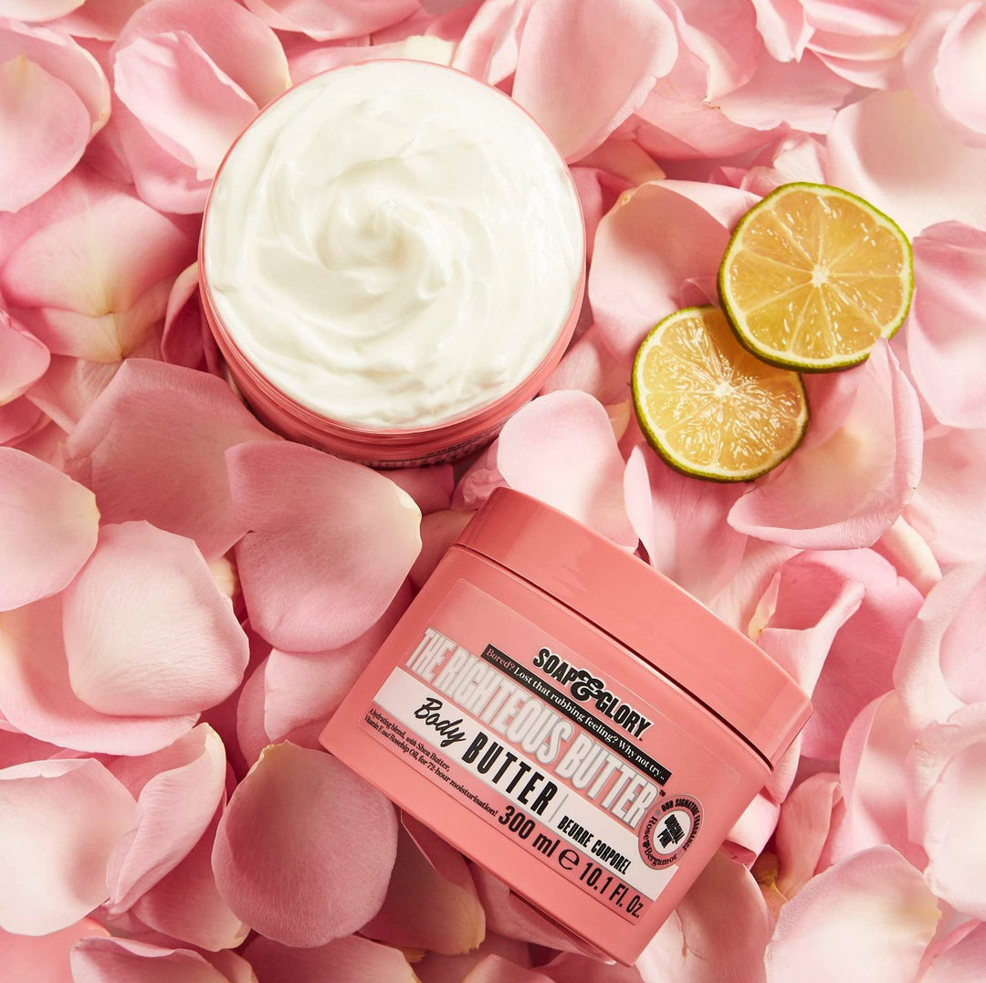 Soap & Glory The Righteous Butter Moisturizing Body Butter - Skin Hydration Body Moisturizer with Vitamin E, Rosehip Seed Oil & Shea Butter - Rich Body Cream for Soft & Smooth Skin (50ml)