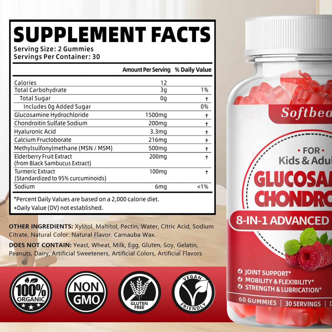 Glucosamine Chondroitin Gummies Sugar Free, Extra Strength Glucosamine Chondroitin Supplement for Natural Joint Support, Raspberry Flavored 60 Count