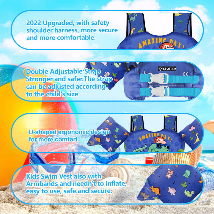 Kids Swim Vest Life Jacket for 30-55 Pounds Boys and Girls, Toddler Floaties with Shoulder Harness Arm Wings for 2,3,4,5,6,7 Years Old Baby