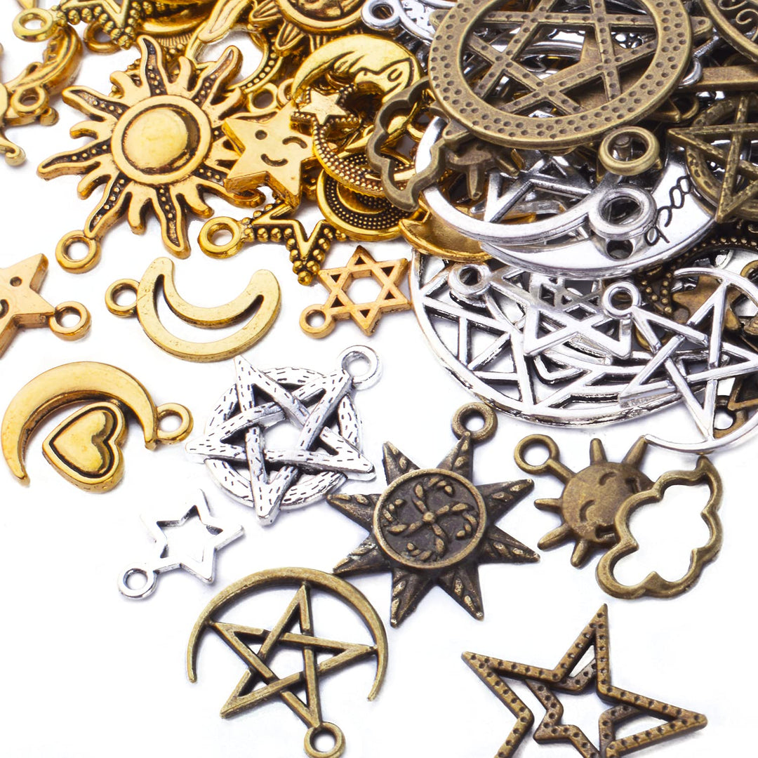 Celestial Charms,132pcs Mixed Sun Moon Star Charms Pentagram Charms Alloy Jewelry Pendant Charms for DIY Earrings Necklace Bracelet Jewelry Craft Making Accessory