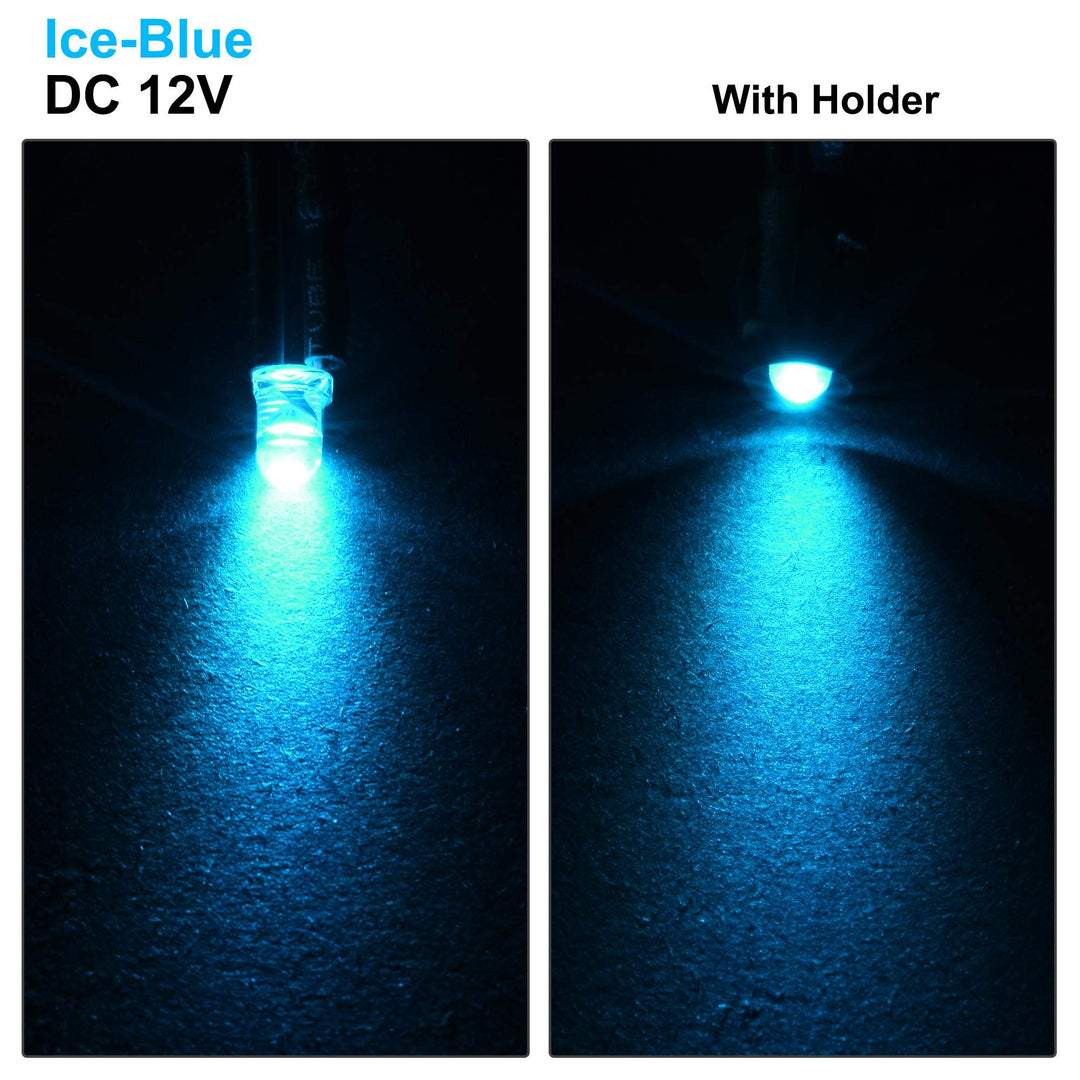 5Set DC 12V 3mm Pre Wired LED with Holder, Ice-Blue Light Round Top Clear Lens, 6mm Panel Mount