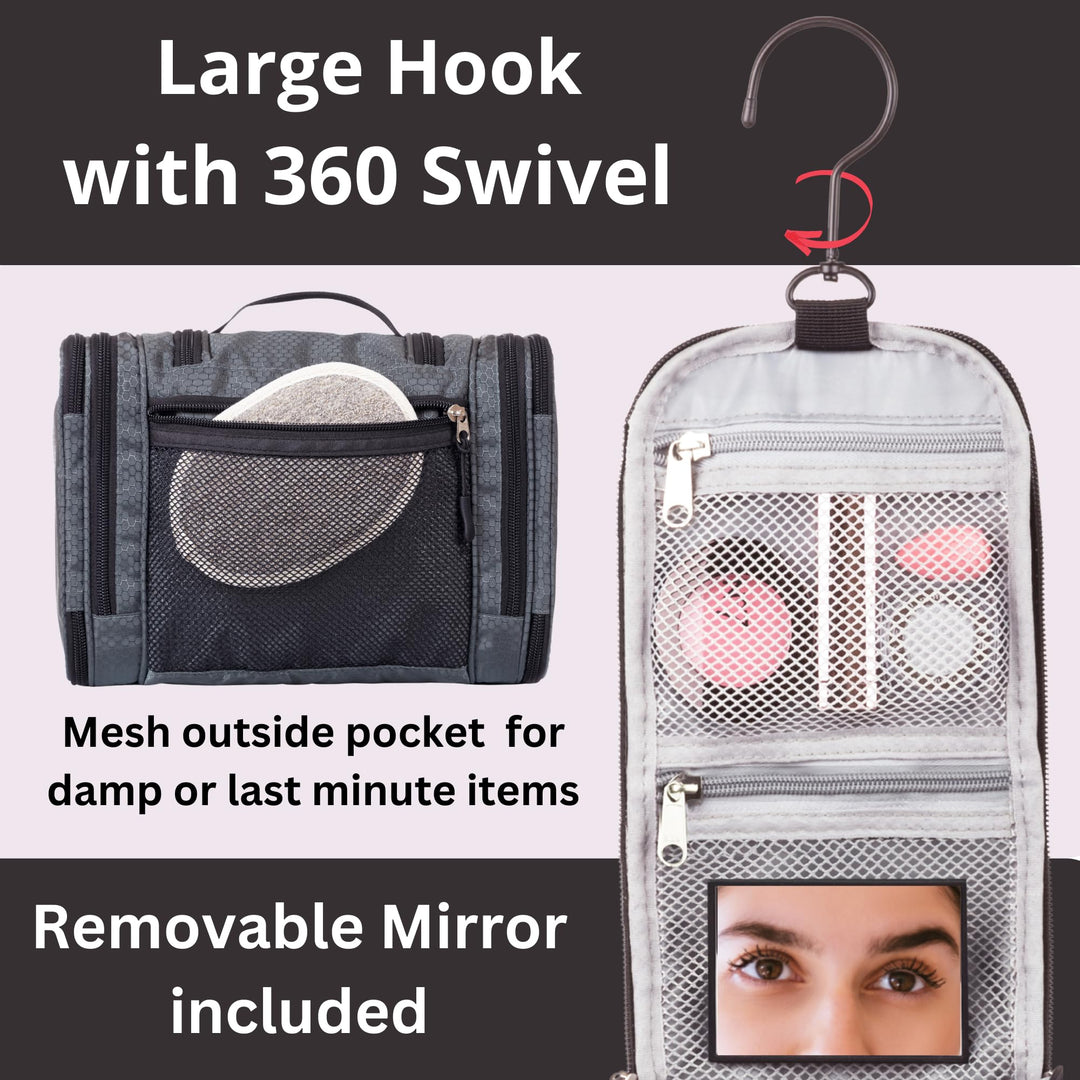 Hanging Toiletry Bag for Women with Mirror - Medium Travel Bag for Toiletries & Travel Essentials - Compact Yet Roomy - 22 Compartments & Mesh Back Pocket - Sturdy Swivel Hook
