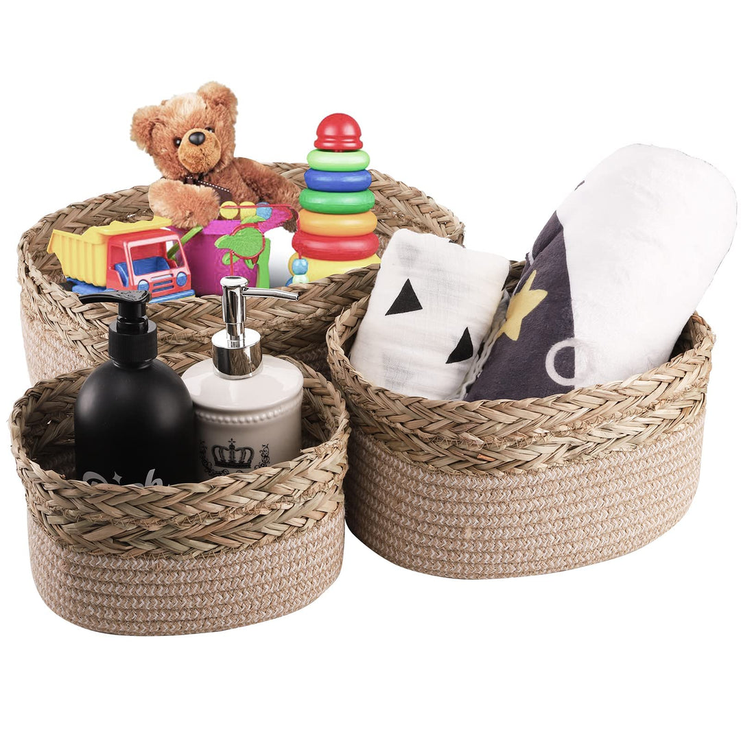 Set of 3 Small Rope Baskets, Woven Seagrass and Cotton Rope Basket for Organizing
