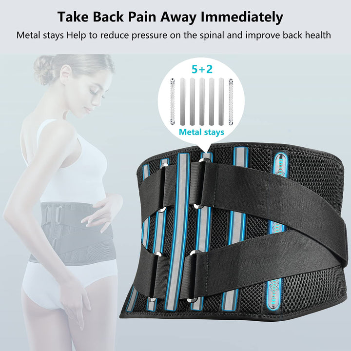 Air Mesh Back Brace for Men Women Lower Back Pain Relief with 7 Stays, Anti-skid, Adjustable Lumbar Support Belt for Work for Sciatica Scoliosis (M(waist:36''-44''), Black)