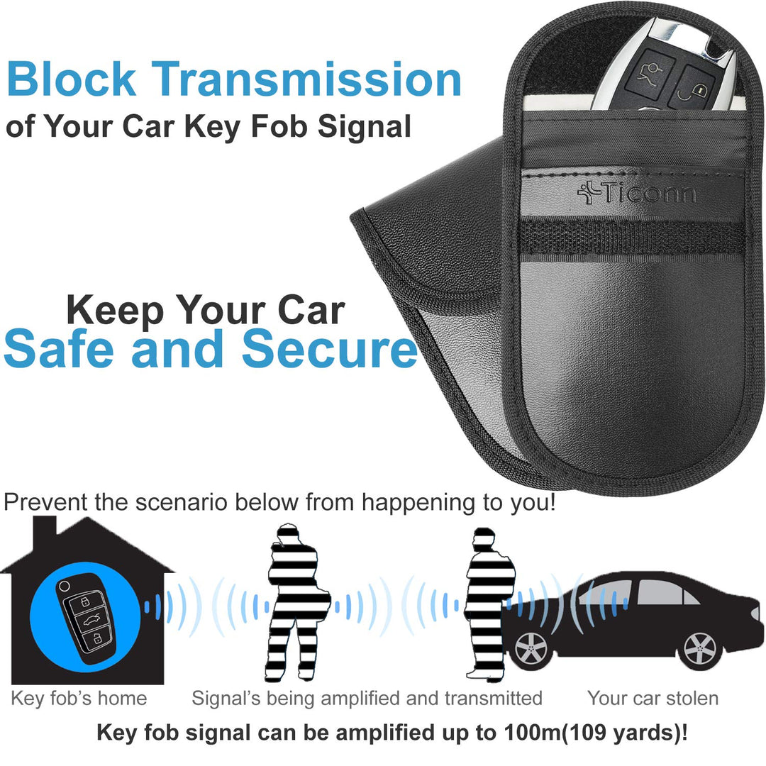 2PK Faraday Bag for Key Fob, 3.5''X5.0'' Faraday Cage Protector, Car RFID Signal Blocking, Anti-Theft Pouch Anti-Hacking Case Blocker (Black PU)