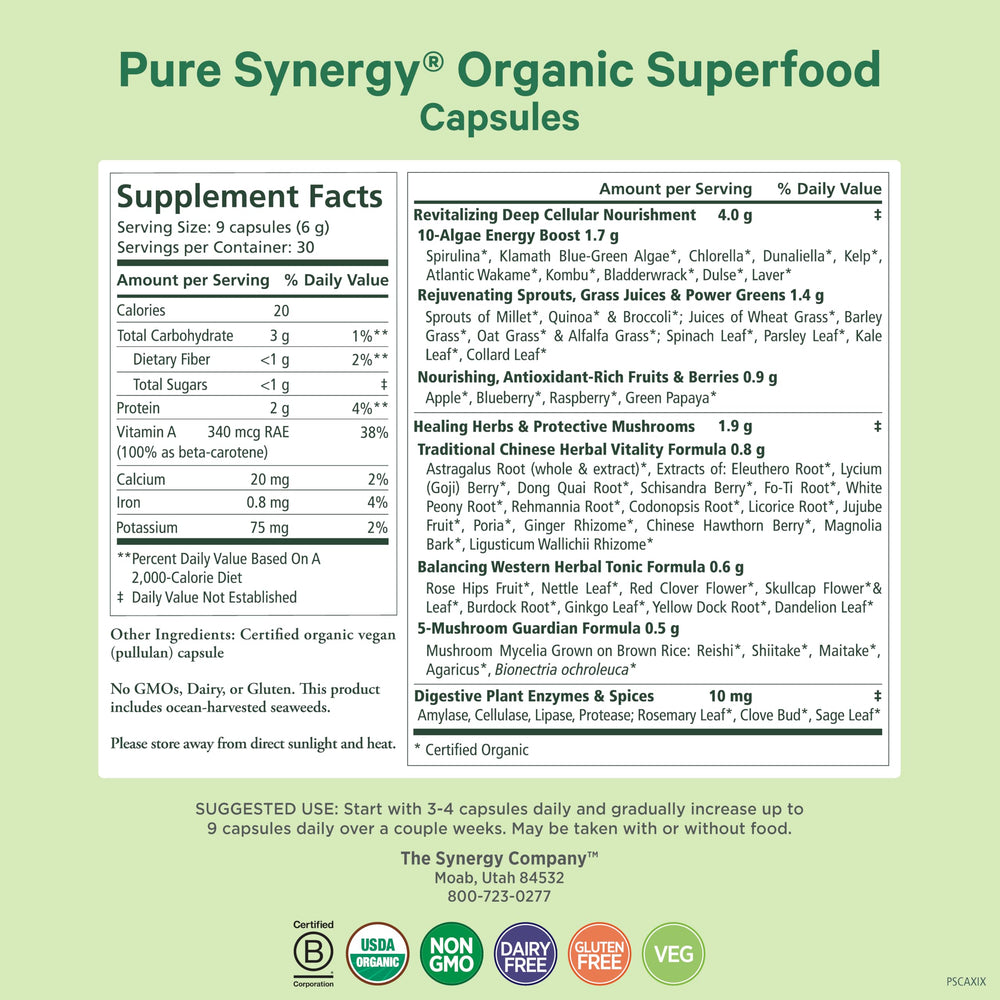 Superfood Capsules | Organic Superfood & Greens Supplement | Whole Foods Like Super Greens, Spirulina, & Mushrooms | for Energy, Healthy Aging & Immune Health (270 Capsules)
