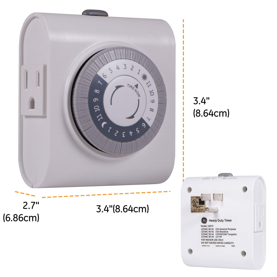 24-Hour 2 Grounded Outlets Mechanical Outlet Timer, Timers for Electrical Outlets Indoor, Light Timers Indoor, Daily ON/OFF Cycle, Timer for Lights Inside, Christmas Tree Timer, 15075
