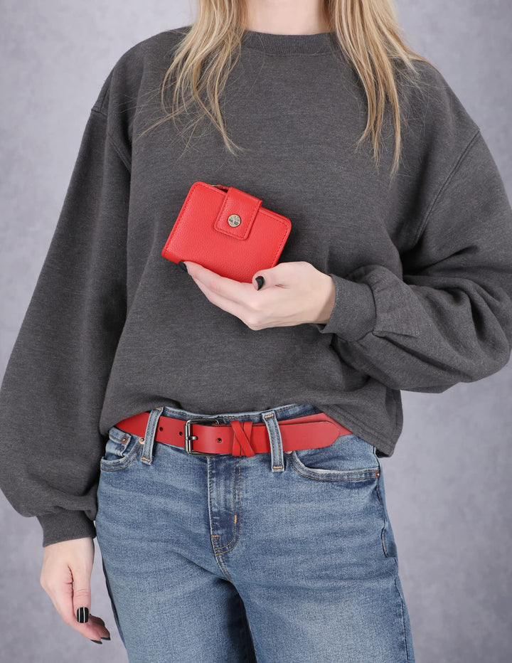 Women's Leather RFID Small Indexer Wallet Billfold, Red, One Size