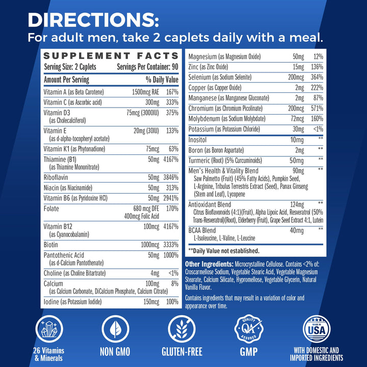 Ultra 360 Multivitamin for Men, Men's Multivitamin with Herbs & Antioxidants for Energy & Performance, Supplement with Vitamin A, C, D, E, B12 & Zinc for Immune Support, 180 Caplets