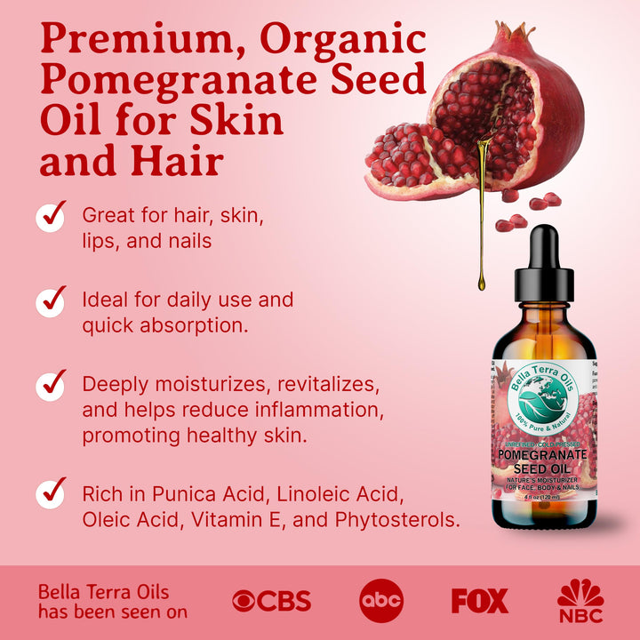 - Organic Pomegranate Seed Oil 4 oz - A Powerhouse of Nutrients & Essential Fatty Acids, Delightfully Cold-Pressed for Pure Skin Nourishment