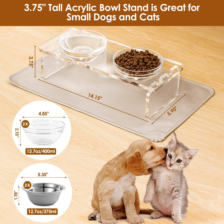 Dog and Cat Bowls Elevated Set - Acrylic Feeder Stand with 2 Set Removable Stainless Steel and Glass Bowls Food and Water Raised Dishes for Small Pet,3.75 inches